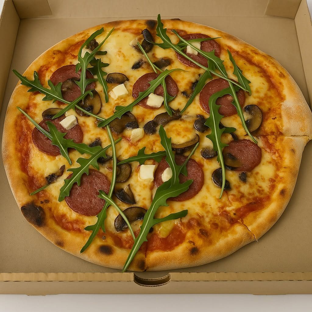Pizza with salami, mushroom and rocket